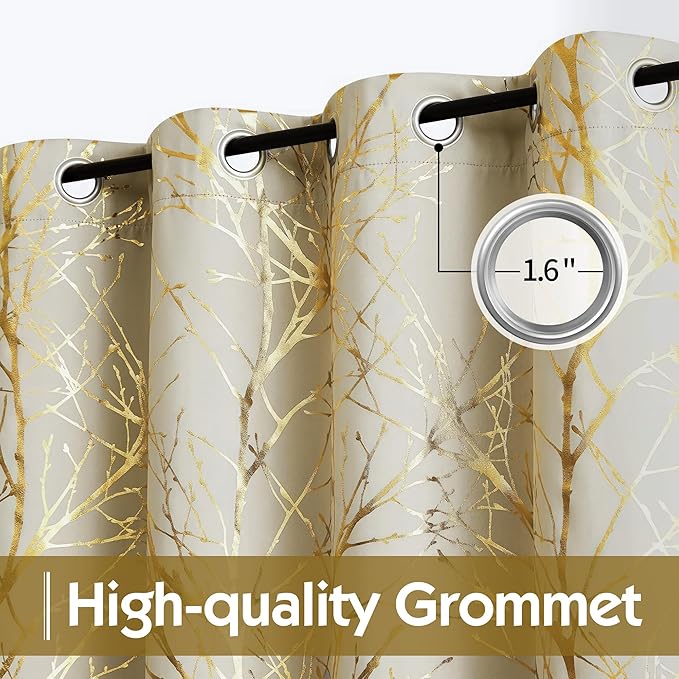 FMFUNCTEX 100% Blackout Ivory Gold Foil Tree Curtains 84 Inch Long 2 Panels | - Image 3