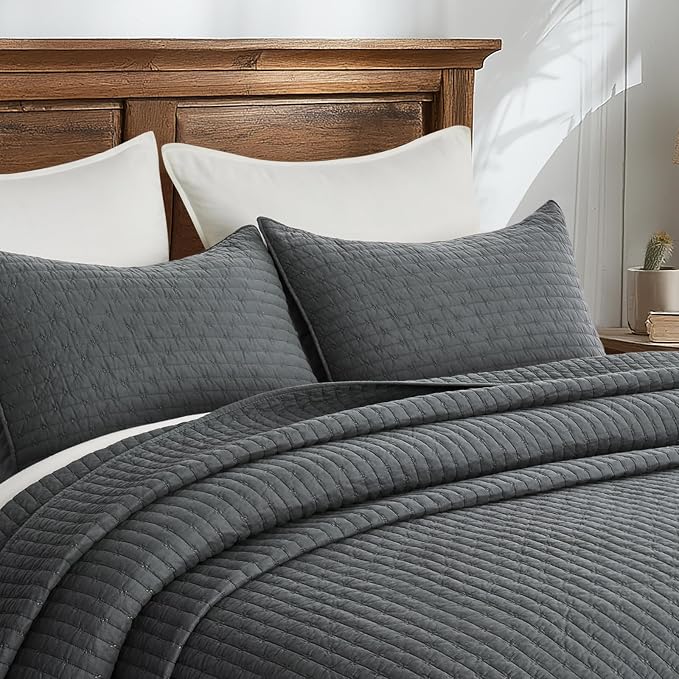 100% Cotton Cross Stitch 3-Piece Quilt Set, Charcoal | Cross Stitch Cotton Quilt - Image 2