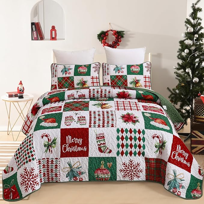 Mybedsoul Christmas Quilt Set Queen Size 3 Pieces Christmas Patchwork Snowflake by Mybedsoul