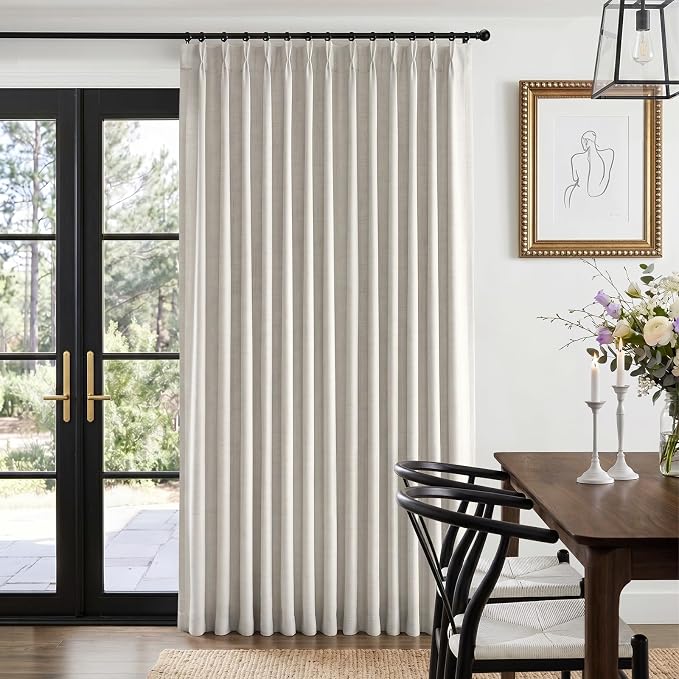 Pinch Pleated Full Blackout Faux Linen Curtains 90 Inches Long | Beige by 100BlackoutShield