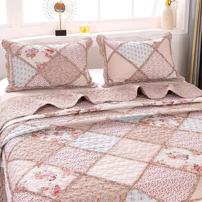 Full/Queen Size Quilt Set Pink Floral Patchwork Bedspreads Bedding Set | - Image 6