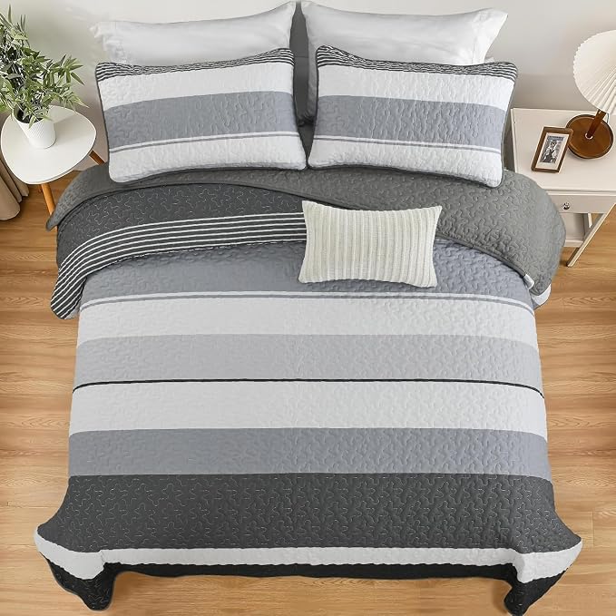 Dinjoy Full Boho Striped Quilt Set, Balck White Lightweight Bedspread | Soft - Image 4
