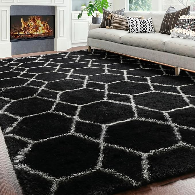 Large Area Rugs for Living Room, 7x10 Black and White Rug, Boho Thick Floor Mat - Image 5