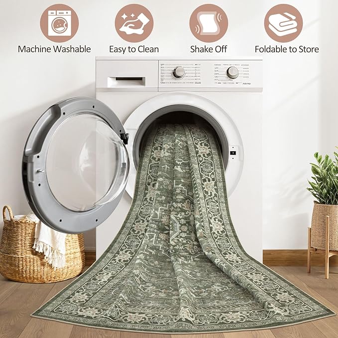 10x14 Area Rugs Living Room: Washable Boho Large Neutral Vintage Soft Rug Stain Resistant Farmhouse Non Slip Indoor Floor Carpet for Bedroom Nursery Kids Playroom Office Dining Room- Dark Green