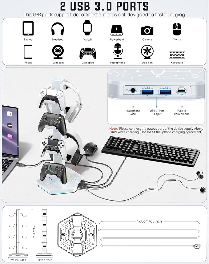 Kytok RGB Controller Holder for PS5/PS4/Xbox/Switch, Headphone Stand with 2 USB Charging Ports and Type-C and Headphone Jack, Headset Holder with Cable Organizer, Controller Stand for Desk, 4 Tiers