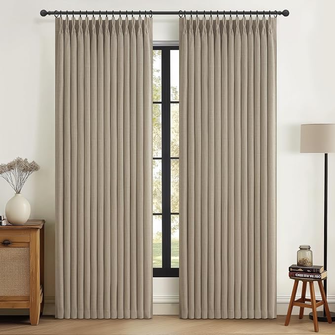 Flax Linen Greyish Beige Light Blocking Curtains 90 Inches Long 2 Panels Set by PleatedDrapes