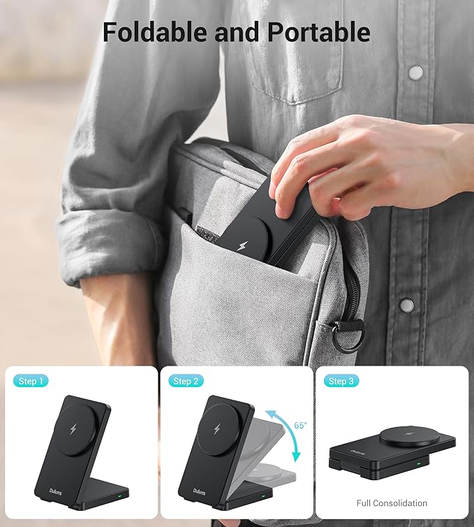 Folding Wireless Charging Stand, Magnetic 15W Fast Charging Station Mag-Safe Travel Lightweight Charger Compatible for iPhone 17/16/16 Pro/16 Pro Max/16 Plus/15/14/13/12 Series, AirPods 4/3