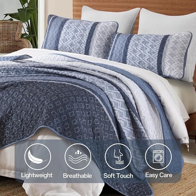 Dinjoy Boho Queen Quilt Set, Striped Bedspread Queen Size, Mineral Blue | 3 - Image 9