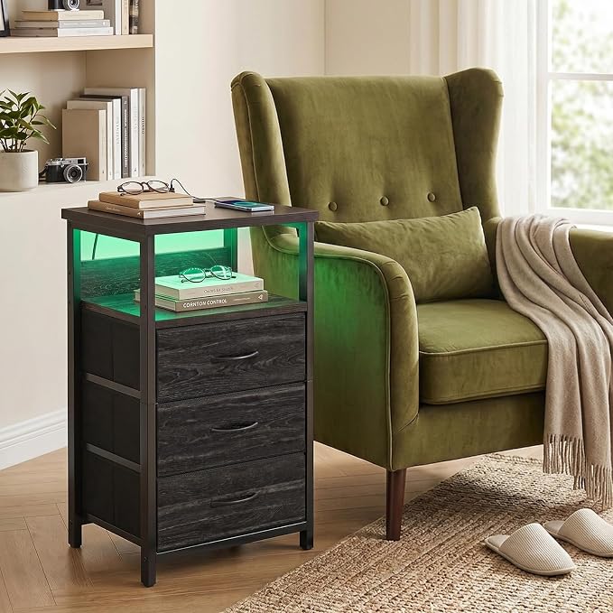 Fixwal Night Stand with 3 Fabric Drawers, Nightstand with Charging Station | - Image 7