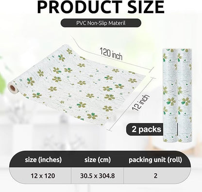 RAY STAR 12X120 Inch Shelf Liner for Kitchen Cabinets, Non-Adhesive Cabinet Liner Washable, PVC Drawer Liner for Dresser Non-Slip Bathroom (Green-Floral)(2 Roll)