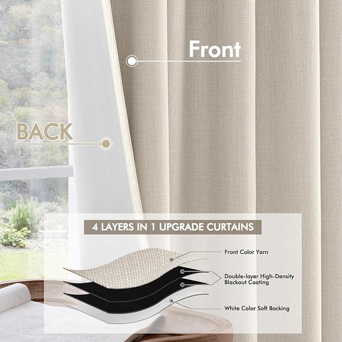 MIULEE 100% Blackout Back Tab Pleat Linen Curtains 50" Wx92 L, Birch | 2 Panels - Image 5