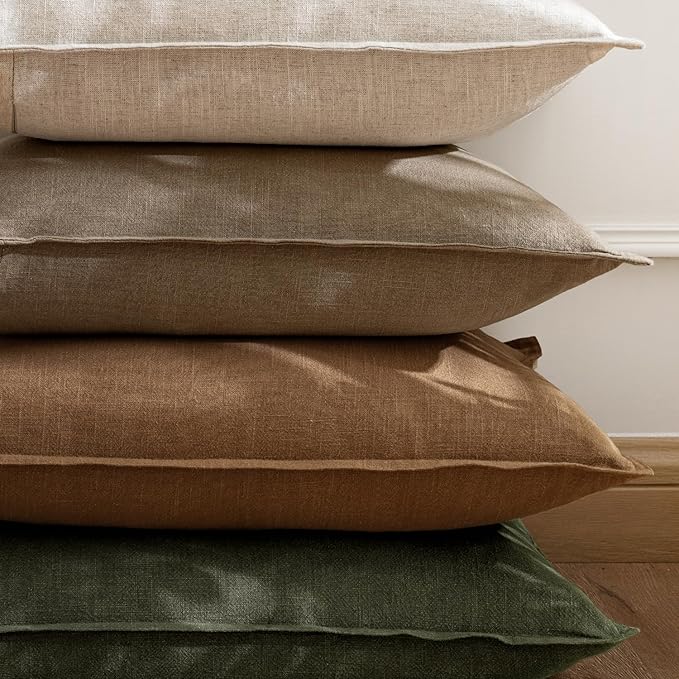 EMEMA Decorative Linen Throw Pillow Covers 18x18 Inch Curry Boho Farmhouse Neutral Couch Throw Pillows for Bed Pack of 2 Accent Pillowcase Modern Sofa Cushion Livingroom Home