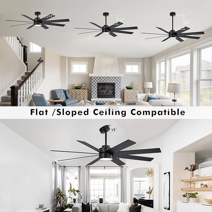 WINGBO 72" Large DC Ceiling Fans with Lights and Remote, 3 Downrods, 8 Plywood Blades, 6-Speeds Reversible DC Motor, 3CCT, Indoor Ceiling Fan for Bedroom Living Room Patio, Black