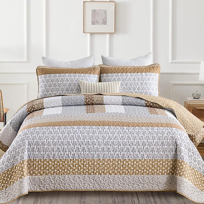 WONGS BEDDING Brown King Quilt Bedding Set, Bohemian Stripe Bedspread | - Image 2