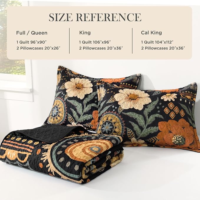California King Quilt, Cal King Oversized Black Floral Bedspread | 3 Pieces - Image 6