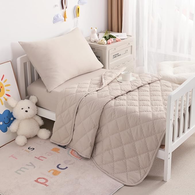 NTBAY Toddler Bedding Set - 4 Piece Soft and Breathable Crib Bedding Set for Boys and Girls, Includes Quilted Comforter, Fitted Sheet, Flat Top Sheet and Envelope Pillowcase, Taupe