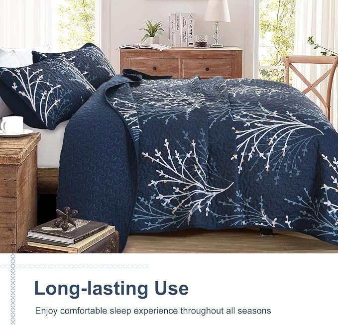 DJY Navy Quilt Set Queen Size Branch Botanical Bedspread Coverlet Set | 3 - Image 4