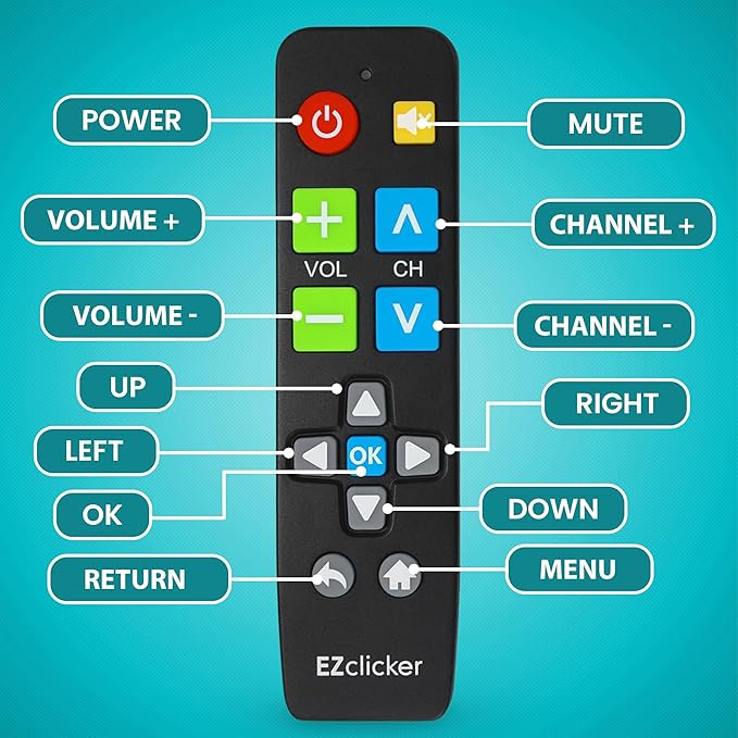 EZclicker Big Button Universal TV Remote (Black) Simple Easy to Use, Great for Seniors, Works with Major TV Brands (2xAAA Batteries Not Included)