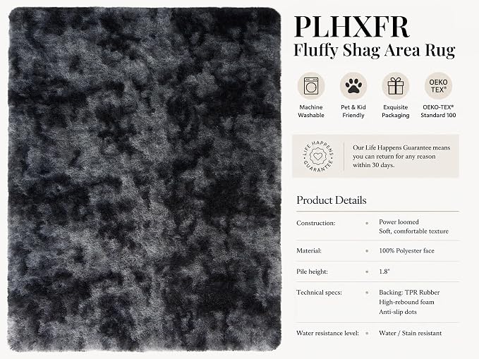 PLHXFR 8x10 Area Rugs Living Room: Fluffy Bedroom Soft Shag Rug Black Grey | - Image 4