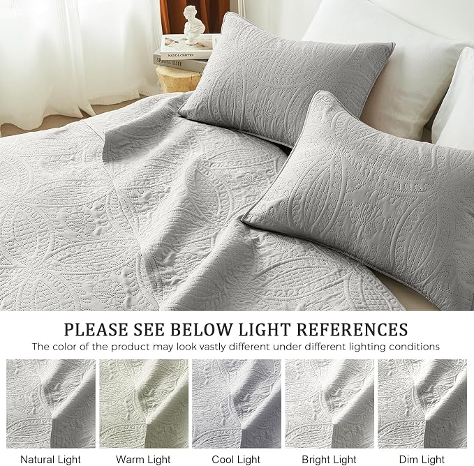 akkialla King Size Quilt Set, Light Grey Ultrasonic Bedspread, Lightweight Soft - Image 5