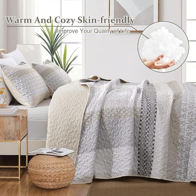 WONGS BEDDING Beige Quilt Set California King, Stripe Bedding Set | Soft - Image 5