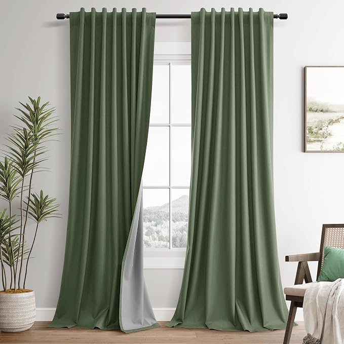 Olive Green Linen 100% Blackout Curtains 98 Inches Long by Guken
