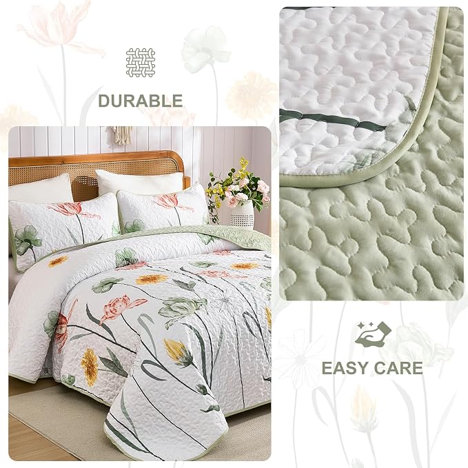 WONGS BEDDING King Size Floral Quilt Set, Sage Green Bedding | Sage Green - Image 5