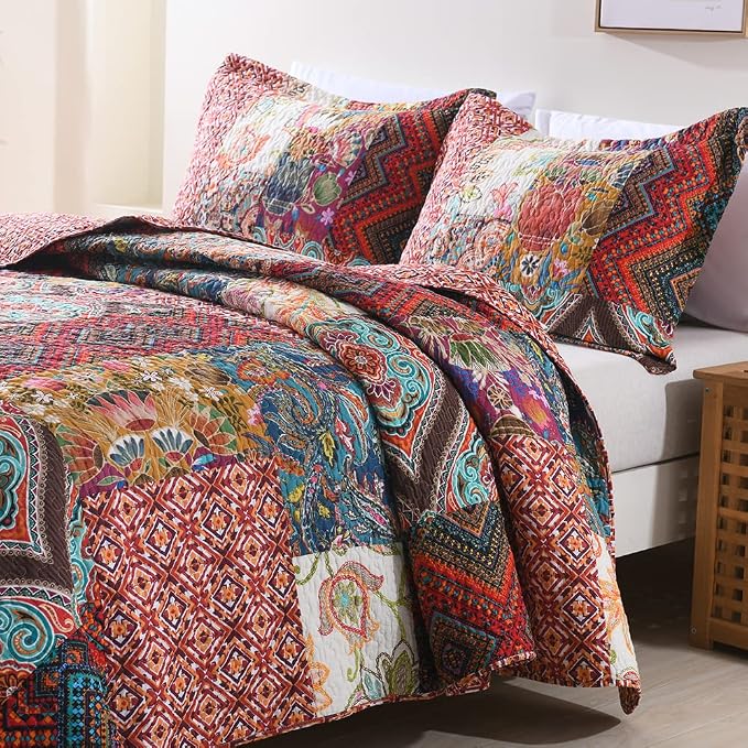 Autumn Dream Cotton Patchwork Bedspread Quilt Sets, Reversible Bedding Coverlet - Image 3