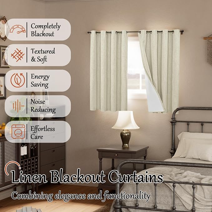 Linen Blackout Curtains 54 Inches Long 2 Panels Each 52 Wide Natural | Thermal - Image 2