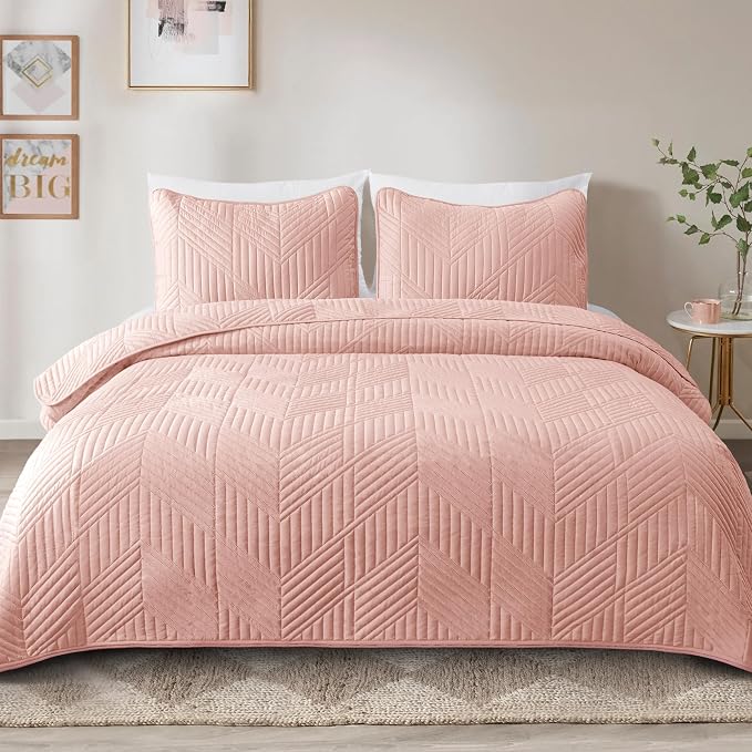 Exclusivo Mezcla Ultrasonic King Quilt Bedding Set, Blush Pink | Lightweight - Image 2