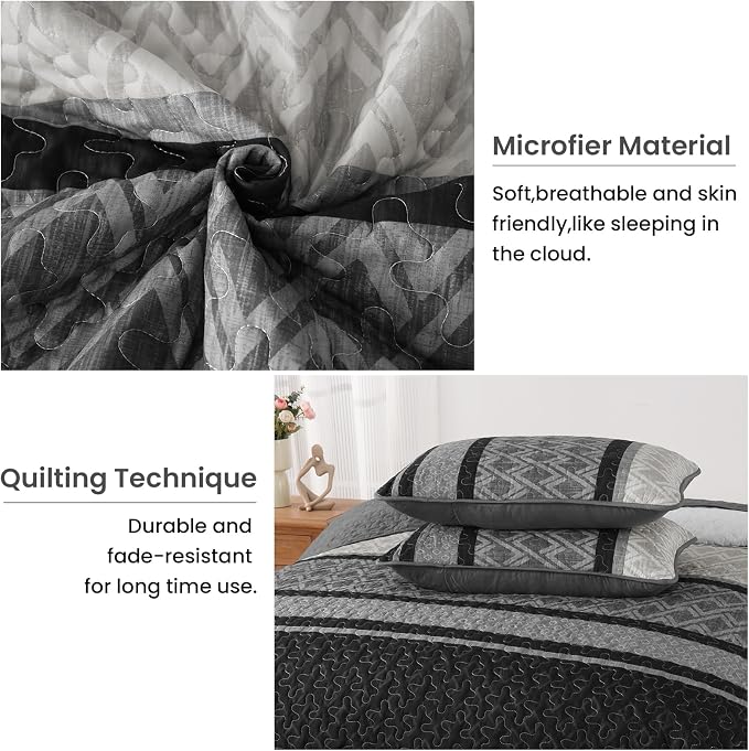 Dinjoy Striped Quilts Queen Size, Fall Bedspread Bedding Set, Dark Grey | 3 - Image 5