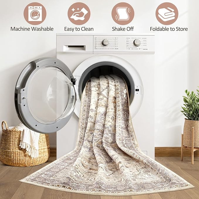 12x15 Area Rug Living Room: Washable Boho Large Neutral Vintage Soft Rugs Stain Resistant Farmhouse Non Slip Indoor Floor Carpet for Bedroom Nursery Kids Playroom Office Dining Room Home Decor- Brown