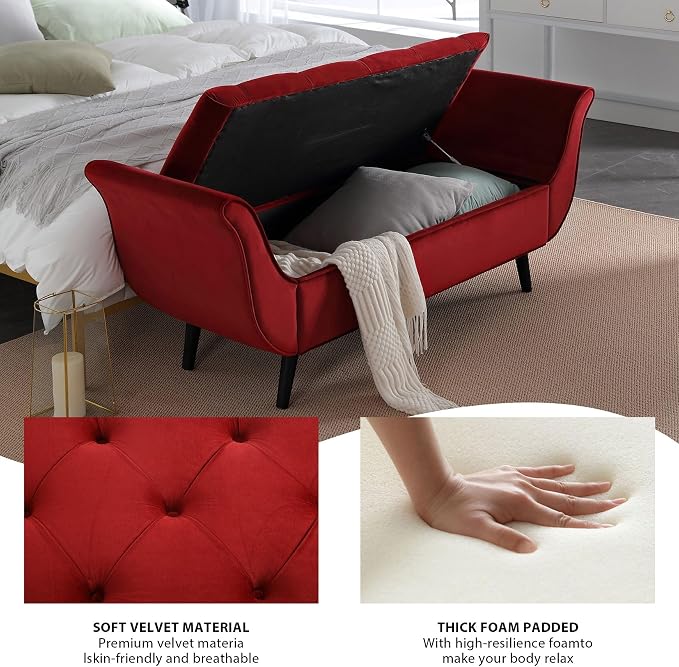 65" Velvet End of Bed Bench, Upholstered Seat - Image 3