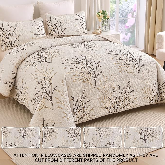 DJY Queen Size Quilt Set Beige Branch Botanical Bedspread Coverlet Set | 3 - Image 3