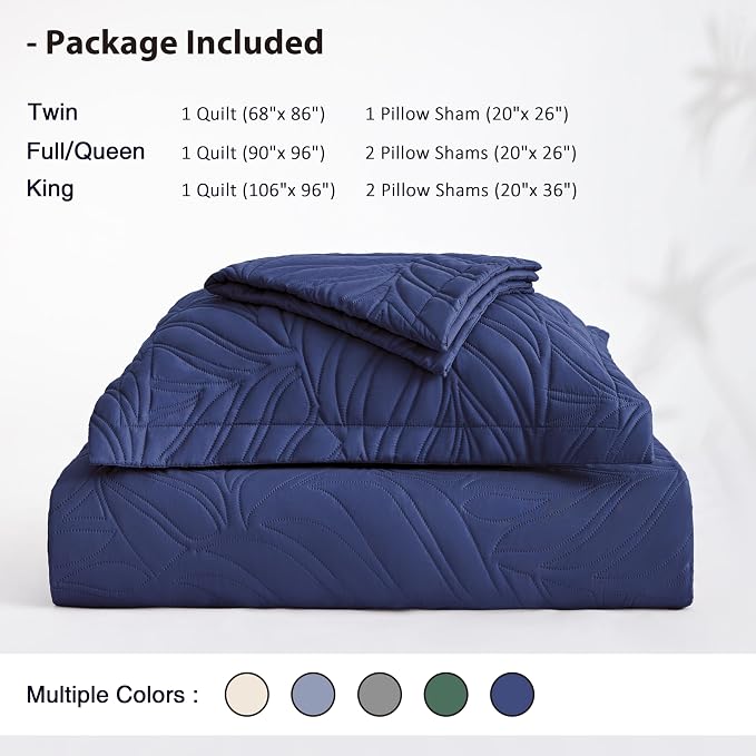 EXQ Home King Quilt Set Leaf Pattern Navy Bedspread | Soft Microfiber Bedspread - Image 5