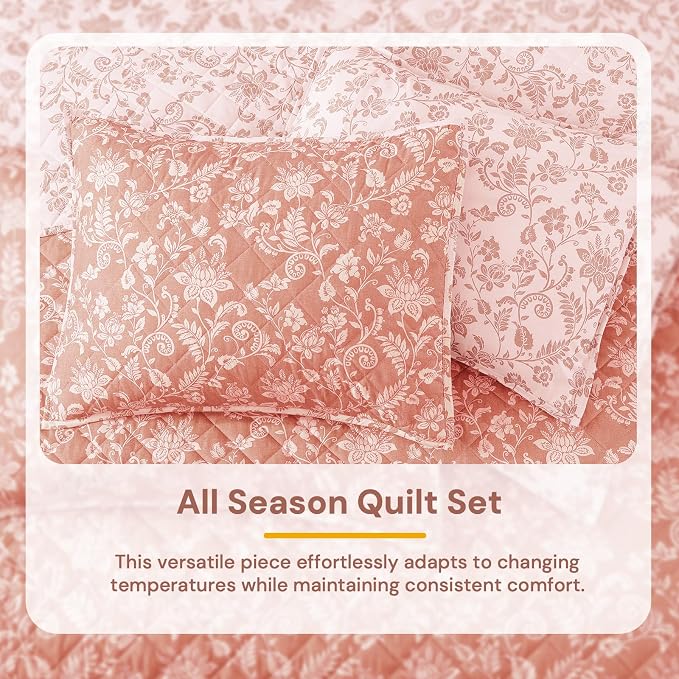 Queen Quilt Set-3 Pieces Soft Bedding Floral Reversible Coverlet | All Seasons - Image 6