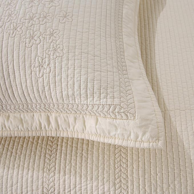 ROOMLIFE Quilt Set King Size 3D Floral Embroidery Pattern 3-Piece Cotton - Image 5