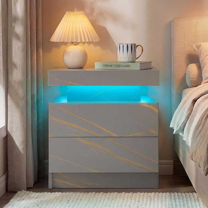 LED Nightstand with Wood 2 Drawers Modern Bedside Table - Image 3