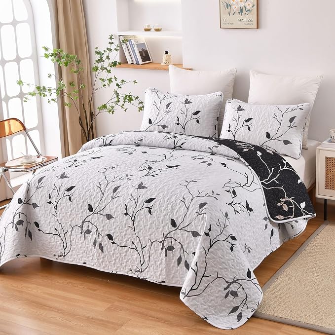 DJY Floral Quilt Set Full/Queen Size 3 pcs Botanical Bedspread, Elegant - Image 7