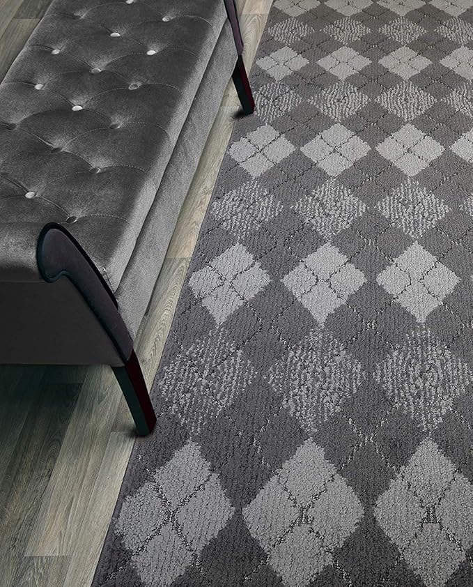 Custom Length Hallway Runner Rug,Slip Resistant,Squares Anthracite, 26 Inch X 18 feet, Sold and Priced Per Foot