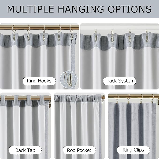 Vision Home Blue Fog Linen Full Blackout Curtains 95 inch for Bedroom Living Room Darkening Light Blocking Window Panels Thermal Insulated Rod Pocket Back Tab Neutral Drapes 56" Wx95 Lx2