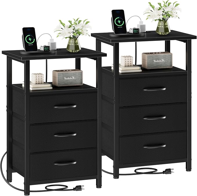 Nightstand Set of 2 with Charging Station, Bedside Table with USB Ports and by Vagusicc