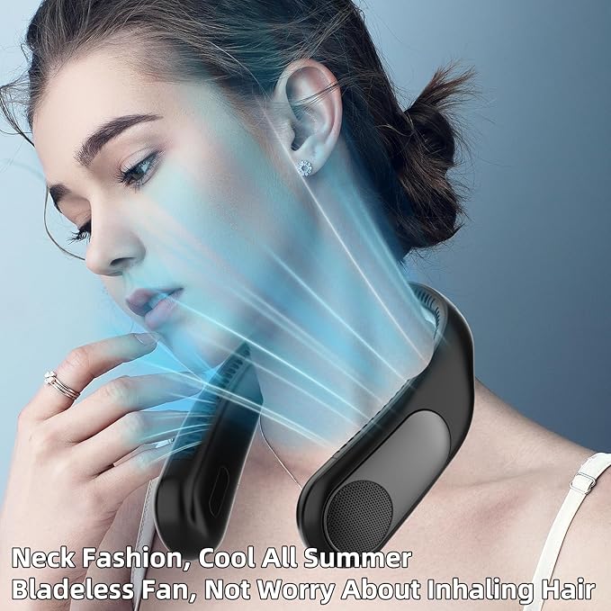 Portable Neck Fan,Personal Wearable Bladeless Fan,LED Display,4-Speeds,6000mAh USB Rechargeable,360° Strong Cooling Wind,Hands Free,White Elephant Gift,Christmas Gifts for Men Women Dad Mom (Black)