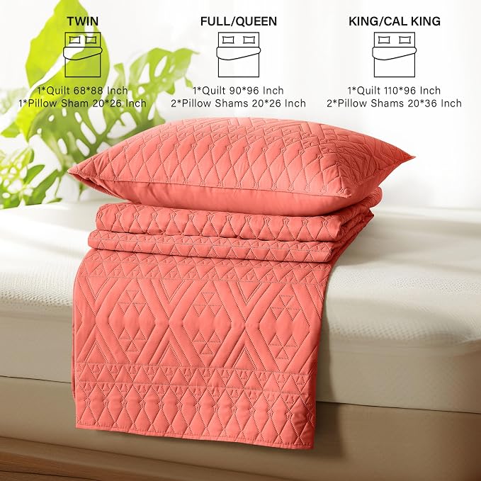 akkialla Full/Queen Size Quilt Bedding Set, Coral Lightweight Microfiber Soft - Image 7