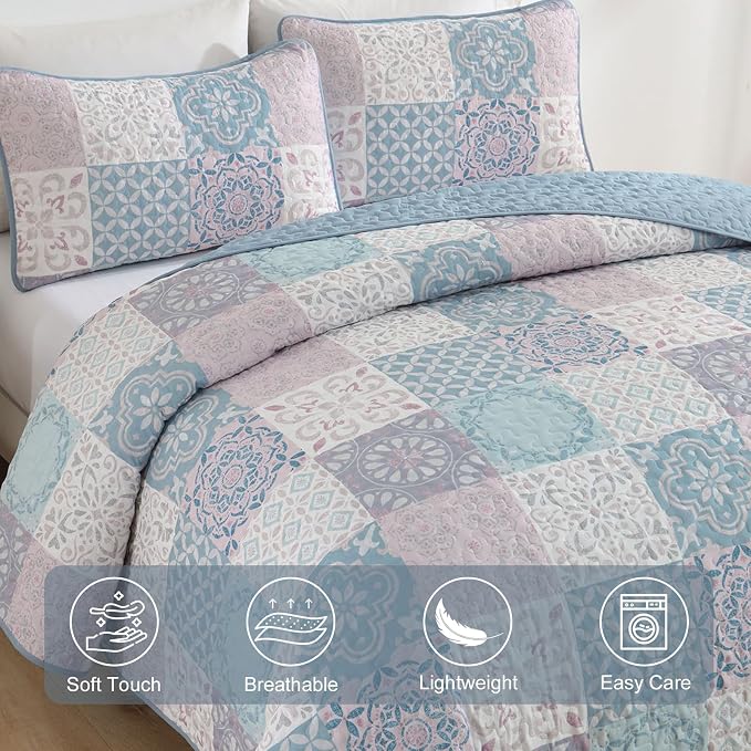 Dobuyly Quilt Set Queen Size, Light Blue/Pink Patchwork Bedspread 3 Pieces - Image 5