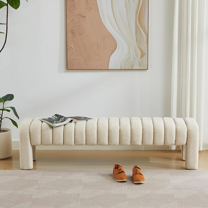 63" Upholstered Bed Bench, Linen Beige | Channel Tufted, Entryway Accent Window - Image 6