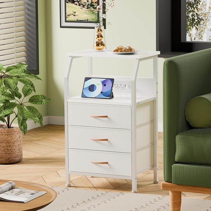 White Nightstand with Charging Station, 3 Drawers Bedside Table | 28.3 Inch - Image 4