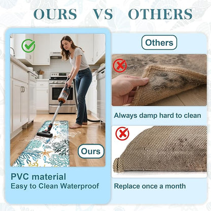 Kitchen Mats for Floor Cushioned Anti Fatigue Sets of 2 Coastal Kitchen Rugs Non Slip Waterproof Nautical Foam Kitchen Floor Rug Beach Theme Coral Fish Comfort Standing Mat for Sink Laundry, Teal