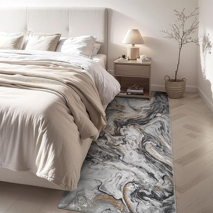 2x10 Runner Rug for Hallways Kitchen Modern Abstract Washable Runner Rug Blue Soft Non Slip Marble Carpet Runner for Laundry Entryway Bedroom Bathroom