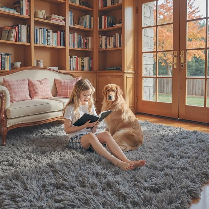 Area Rugs 9x12 Living Room, Dark Grey Large Shaggy Carpet Plush Furry Rug | - Image 6